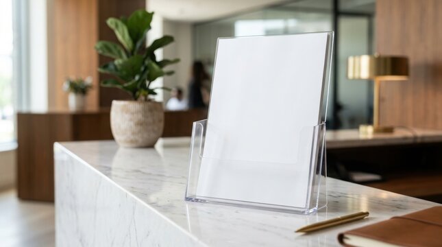 A blank white flyer mockup inside a clear plastic holder on a marble reception desk in an office.