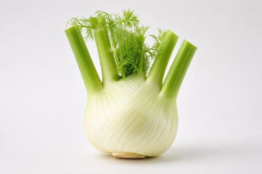 Fresh fennel bulb with green leaves, isolated on a white background