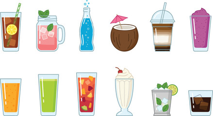 Obraz premium Refreshing drinks cartoon vector collection featuring iced tea, lemonade, soda, coconut water, coffee, smoothie, juice, milkshake, mojito, and cold beverages