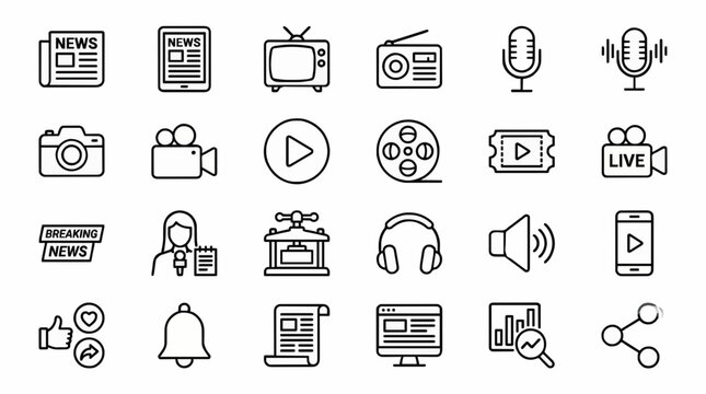 Media industry thin line icon set with news television podcast video newspaper and digital communication symbols