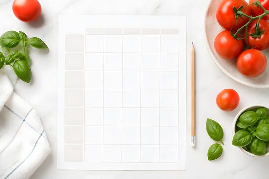 Blank meal planner with tomatoes and basil on a white kitchen table