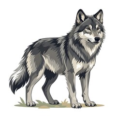 Fototapeta premium Gray wolf standing in natural habitat with alert ears. Majestic wild canine posing in grassy wilderness environment.