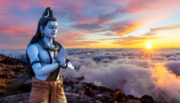 Majestic Lord Shiva Statue Praying above the Clouds at Sunset