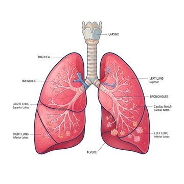 3D medical illustration of healthy human lungs anatomy. Detailed respiratory system diagram with bronchial tree and vascular structure for educatio...
