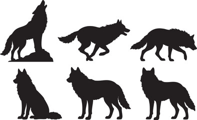 Obraz premium Wolf Silhouette Vector Set Majestic Wild Wolf Collection Black Animal Icons Isolated on White Background