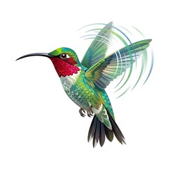 Fototapeta premium Vibrant hummingbird hovering in mid-air with iridescent feathers. Tiny bird feeding with long beak and rapid wing motion.