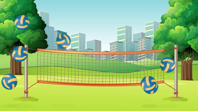 Animated Volleyballs Bouncing Over a Net in an Outdoor City Park