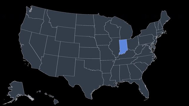Indiana Flashing Blue on US Election Map Animation Alpha 4K