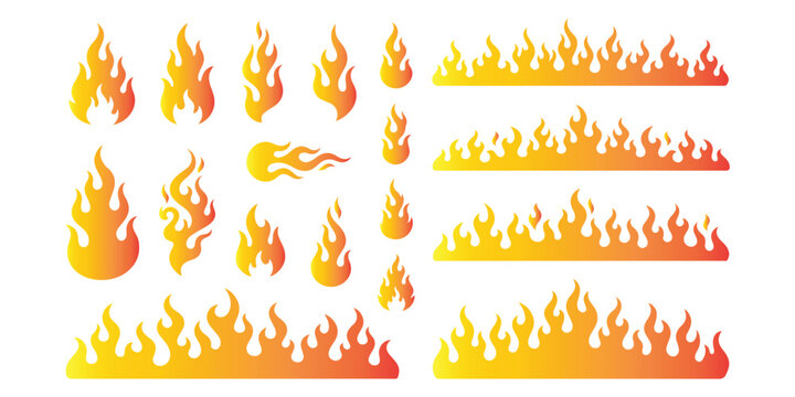 Set of colorful fire flame icons and decorative borders in a flat vector style