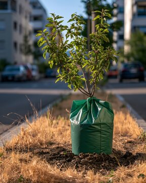 Junger Stadtbaum mit Bew&auml;sserungssack w&auml;hrend sommerlicher Trockenheit