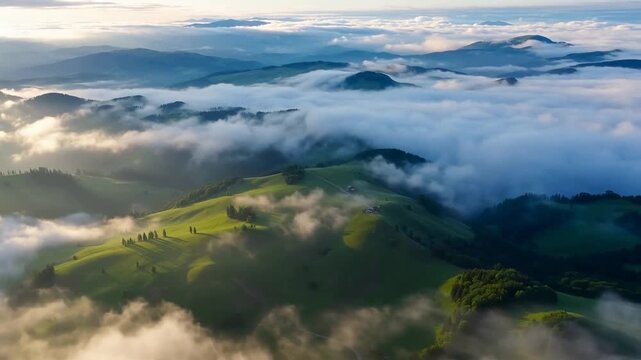 Aerial view of rolling green hills emerging from dense morning fog with sunlight illuminating the landscape