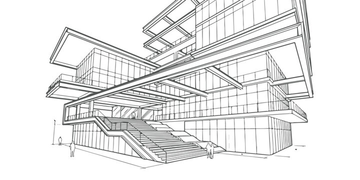Modern architectural sketch of a luxury building with stairs and glass walls
