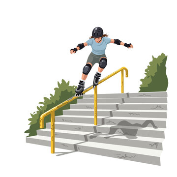 Female Aggressive Inline Skater Grinding City Handrail