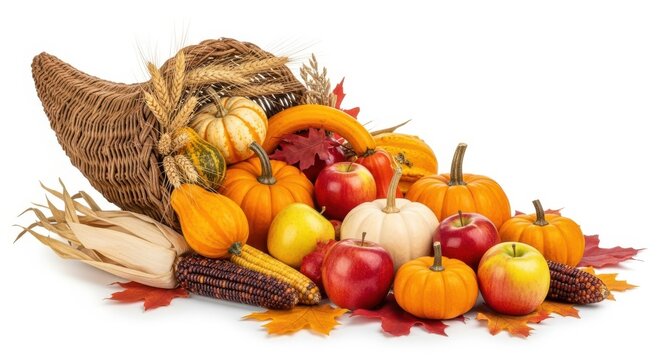 Thanksgiving cornucopia with pumpkins, apples, corn and autumn leaves isolated on white background