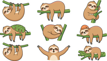 Fototapeta premium Cute sloth cartoon vector illustration collection featuring hanging, sleeping, hugging trees, relaxing on branches and playful rainforest animal character poses isolated on white background