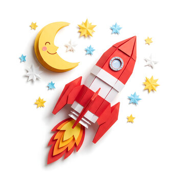 3D paper cut red rocket launch concept startup space exploration with moon and stars isolated on white background