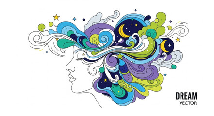 Dreaming Woman with Abstract Colorful Hair and Night Sky Vector Illustration © pecinta