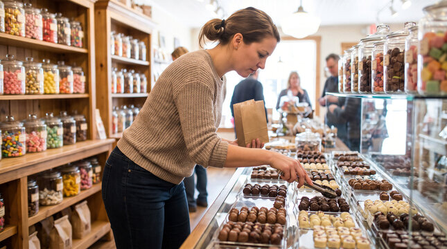 Beautiful woman at the candy store choosing chocolates from glass display case with colorful truffles and jars of sweets, symbolizing indulgence, retail, and confectionery delight
