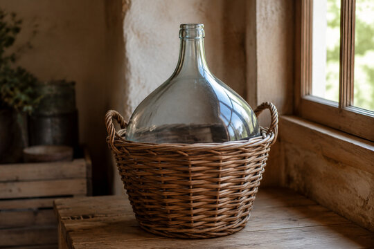 Glass carboy in wicker basket, traditional home beverage vessel.