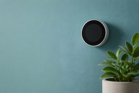 Generic smart thermostat on teal wall for energy-saving concept