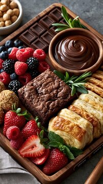 Chocolate square and berries on wooden charcuterie board
