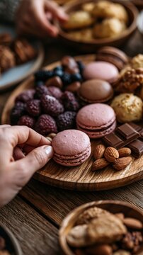 Hand picking pink macaron from wooden board table setting