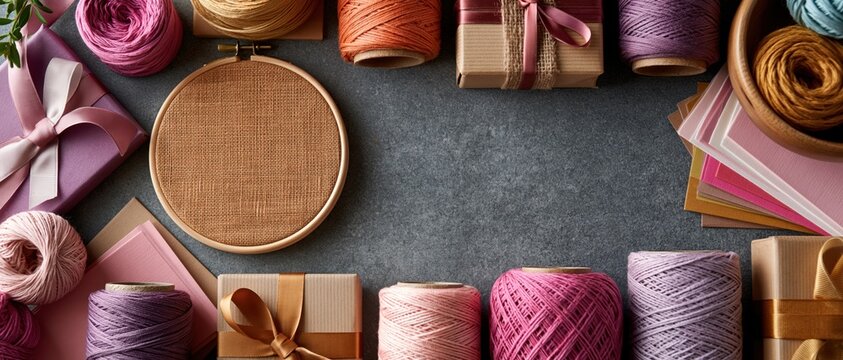 Embroidery hoop framed by yarn and gift boxes on dark surface