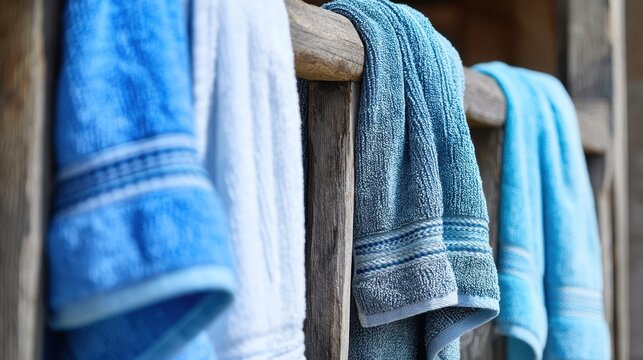 Blue and white beach towels drying on a wooden railing coastal background for summer banner design