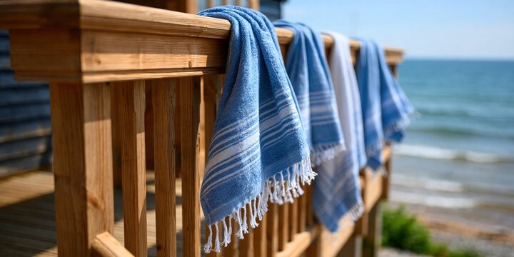 Row of blue and white beach towels hanging along a wooden railing overlooking waves for coastal wallpaper and summer marketing background