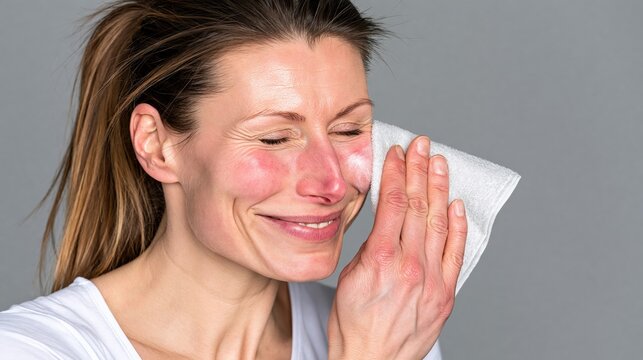 Woman wipes her flushed cheek with a white cloth.