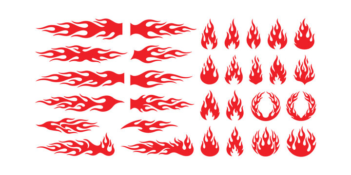 Set of red fire flame shapes and burning fire icons collection
