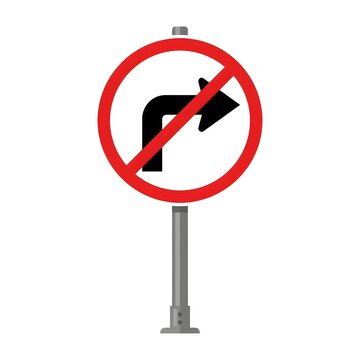 No right turn traffic sign on metal pole. Prohibited directional road arrow for vehicle navigation and safety compliance.