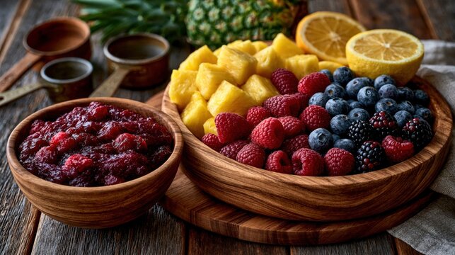 Wooden bowls of diced pineapple raspberries and blueberries with berry compote for retro gelatin salad ingredients and recipe background