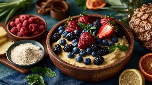 Creamy fruit bowl topped with strawberries blueberries and blackberries with powdered ingredient for retro gelatin salad recipe and breakfast background
