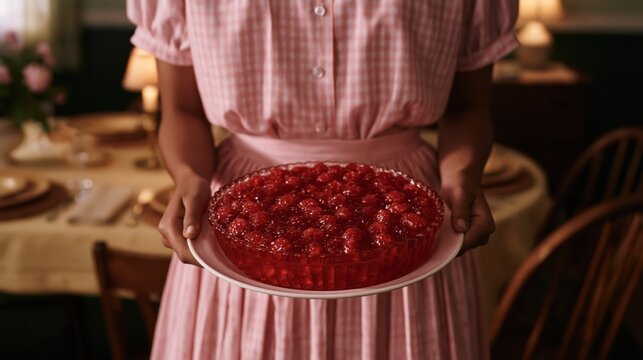 Woman in a pink gingham dress holding a red strawberry gelatin pie for vintage dinner table background and holiday potluck serving and presentation