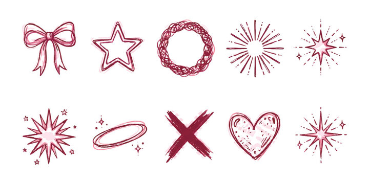 Set of cute hand drawn pink doodle elements including stars hearts and bows for festive designs