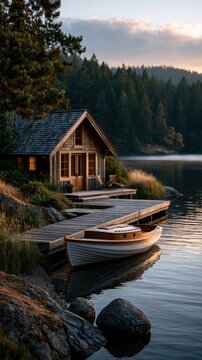 Cozy lakeside cabin with wooden dock and small rowboat at dusk for warm wallpaper and banner background