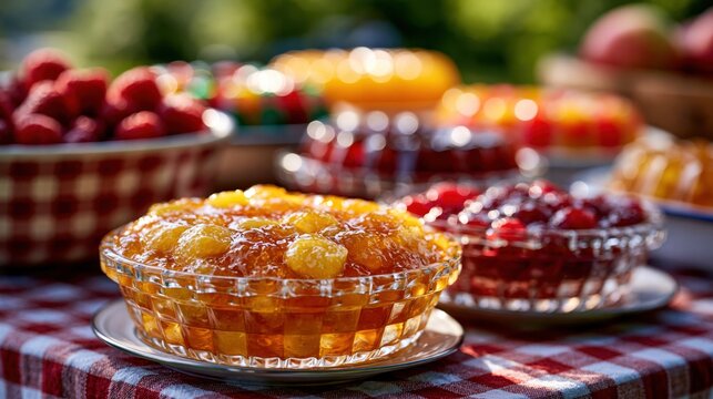 Colorful vintage molded gelatin desserts in glass bowls on red gingham picnic table for summer party banner and background