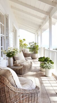 Bright white coastal cottage porch with wicker chairs and linen cushions for summer wallpaper and relaxing outdoor background for home decor and lifestyle design