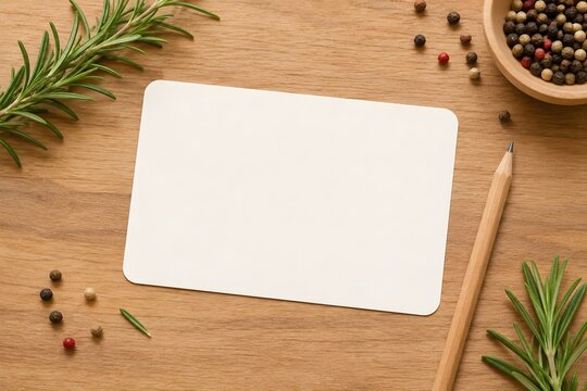 Blank recipe card with rosemary and peppercorns on a wooden table