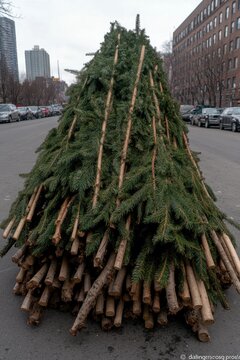 Pile of christmas trees on street in urban city setting