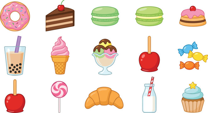 Cute sweet dessert cartoon vector collection featuring donut, cake, macarons, ice cream, sundae, candy apple, lollipop, croissant, bubble tea, and cupcake