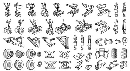 Fototapeta premium Set of aircraft landing gear components and hydraulic shock absorbers in detailed black and white line art vector illustration style
