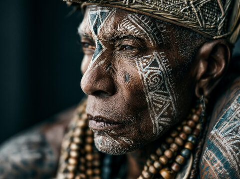 A striking, high-detail cinematic portrait of an elderly man adorned with intricate traditional white tribal face markings and beaded jewelry, looking away thoughtfully.