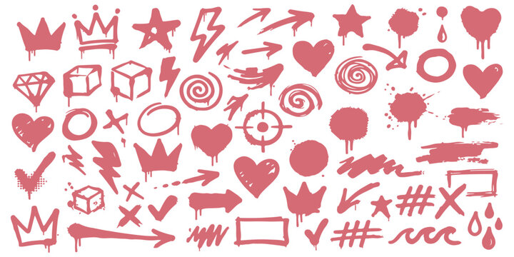Collection of pink graffiti spray paint shapes hearts stars crowns and arrows design elements