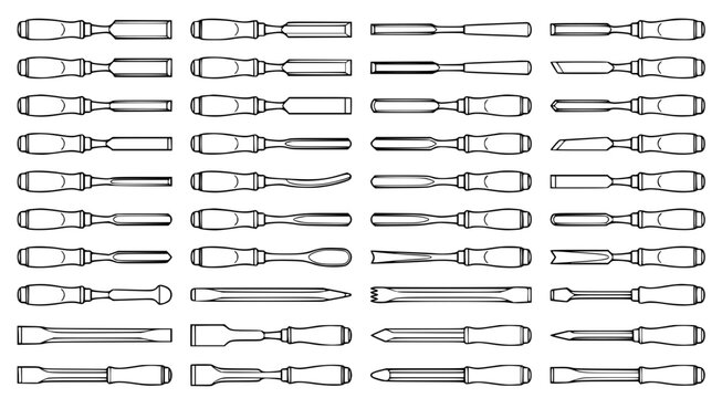 Large collection of various wood carving chisels and gouges for professional woodworking and craft