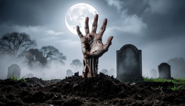 Spooky Zombie Hand Rising from Grave for Halloween Night