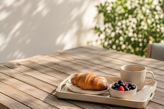 Outdoor patio breakfast tray with croissant and berries