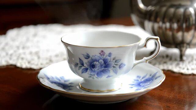 Blue and white patterned porcelain teacup and tea tray, hot teacup and silver teapot