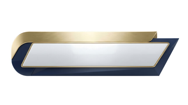 Premium curved lower third isolated transparent PNG with brushed gold texture and navy blue frame for broadcast video.